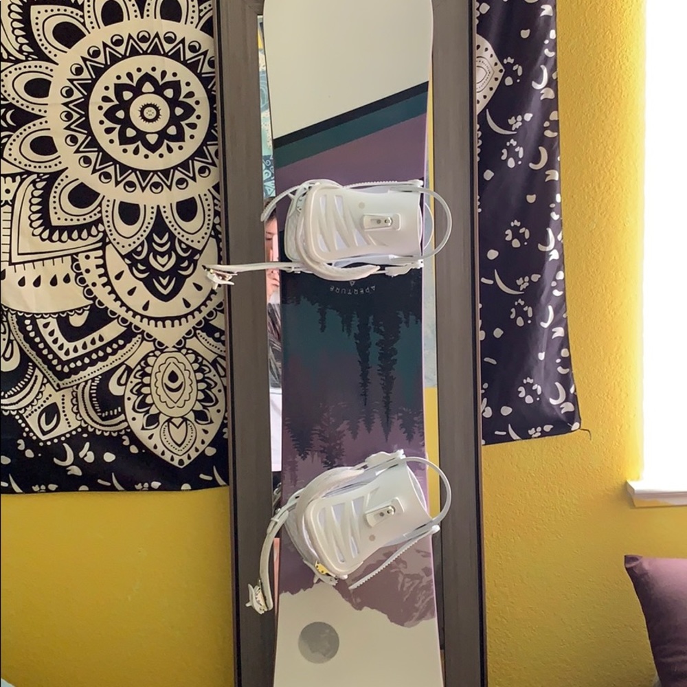 Snowboard, boots, bindings, and goggles